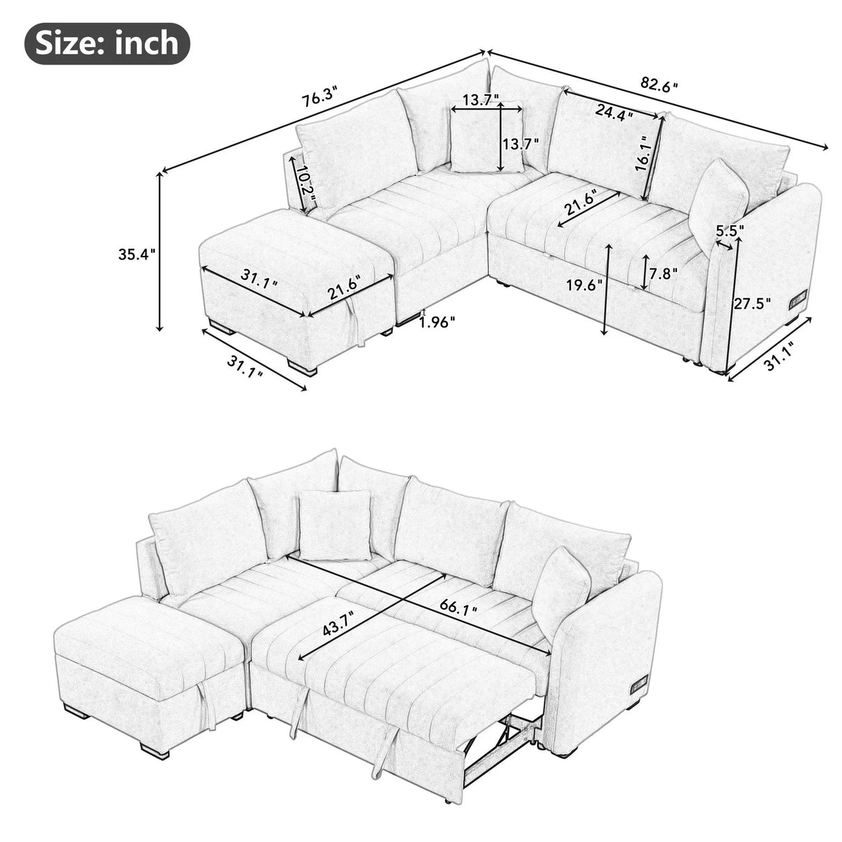 L-Shaped Sectional Pull Out Sofa Bed Sleeper Sofa With Two USB Ports, Two Power Sockets And A Movable Storage Ottoman - Furniture Home Direct