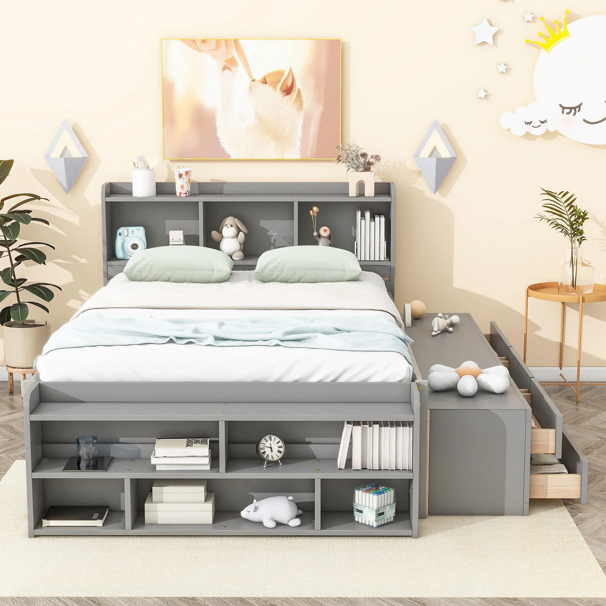 Bed With Bookcase Headboard, Under Bed Storage Drawers And Bed End Storage Case - Furniture Home Direct