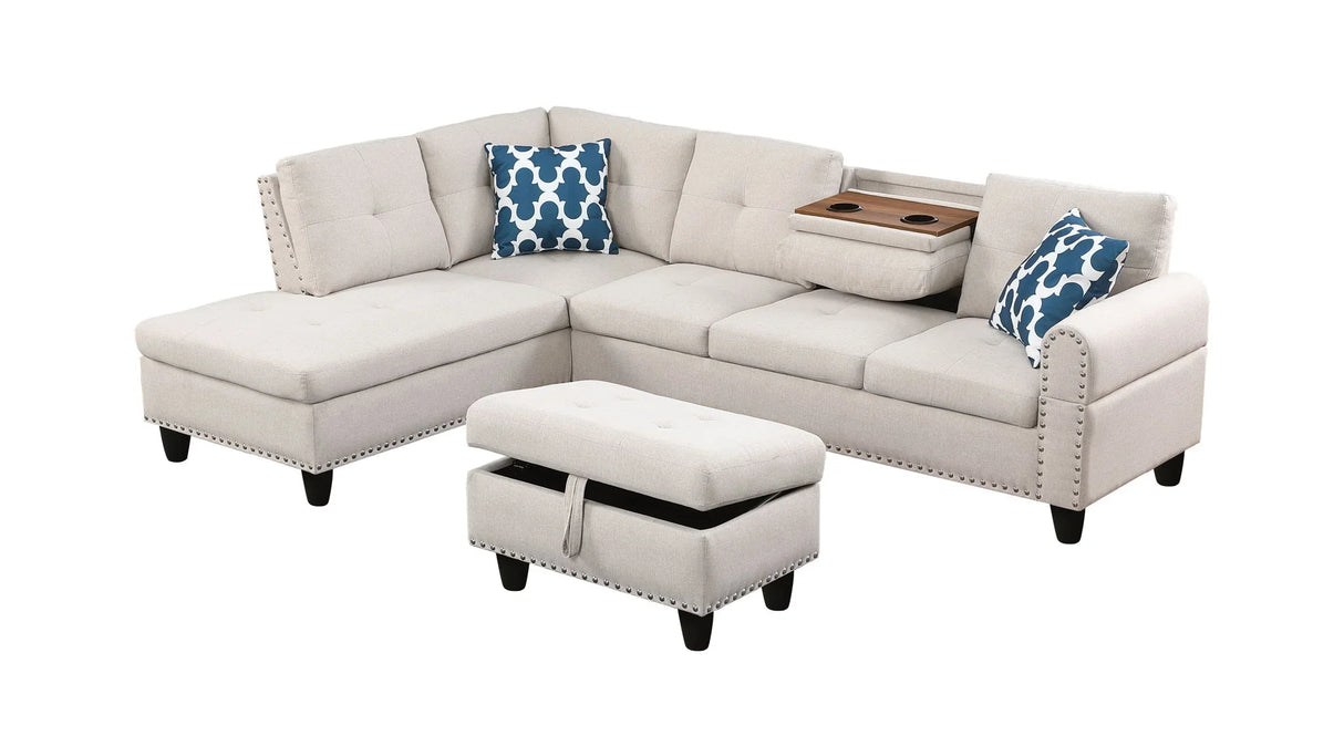 Alger - Wide Left Hand Facing Sofa & Chaise With Ottoman - Beige - Furniture Home Direct