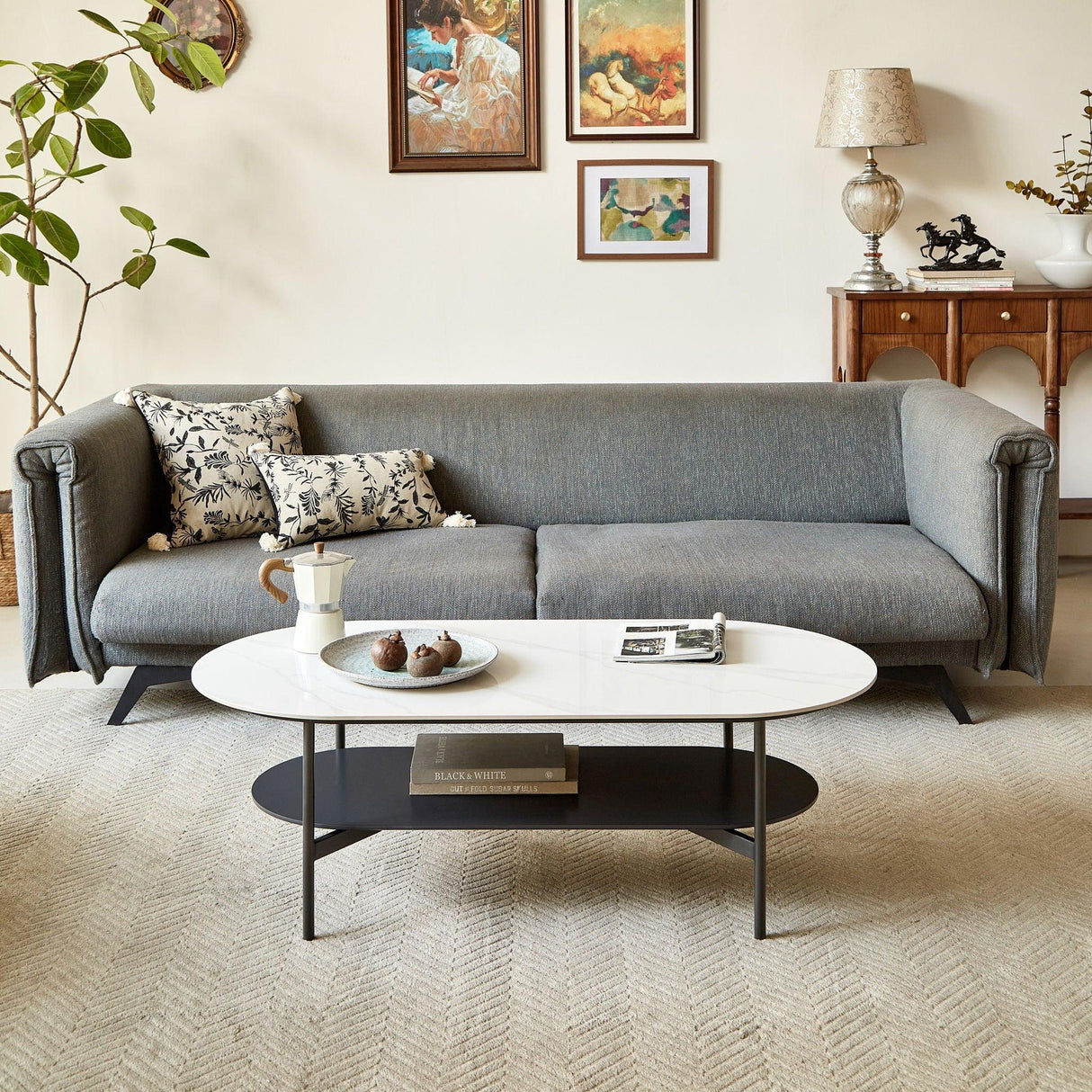 Contemporary Coffee Table Sintered Stone Surface With Ceramic Finish Double Layer Design Base Matte Shelf Modern Living Room Center Table - White / Gray - Furniture Home Direct