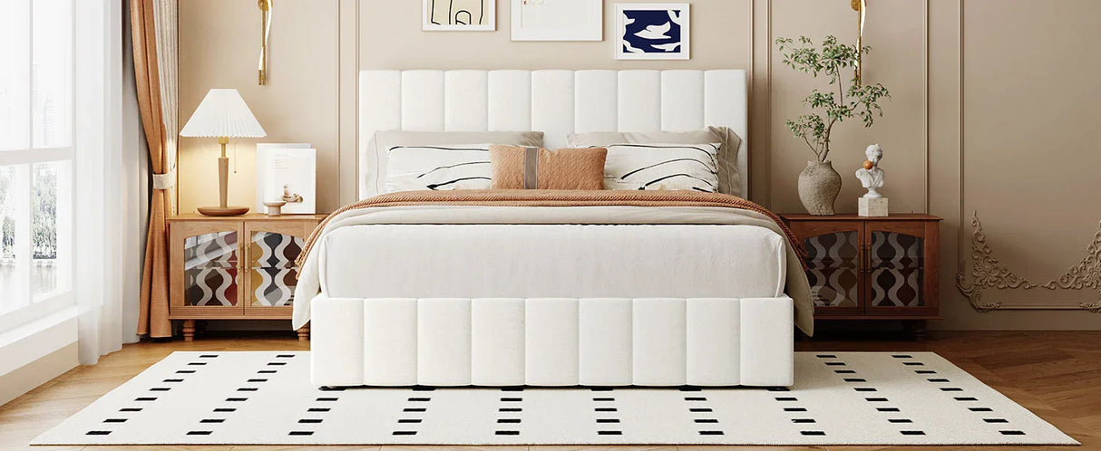 Storage Bed With Hydraulic Lift Platform, Upholstered White - Furniture Home Direct