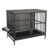 Modern Kennel Dogs Room Up To 60 Lb, Dog Crate Furniture With Multi-Purpose Rremovable Ttray, Double-Door Dog House, Lift Panel, 360 Degree Rotation, 3 Height Adjustable Feeding Bowls - Furniture Home Direct