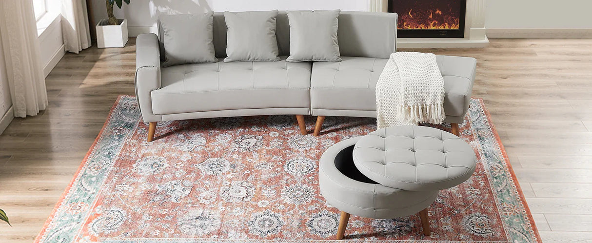 107 Inch Contemporary Sofa With Round Storage Ottoman Grey - Furniture Home Direct