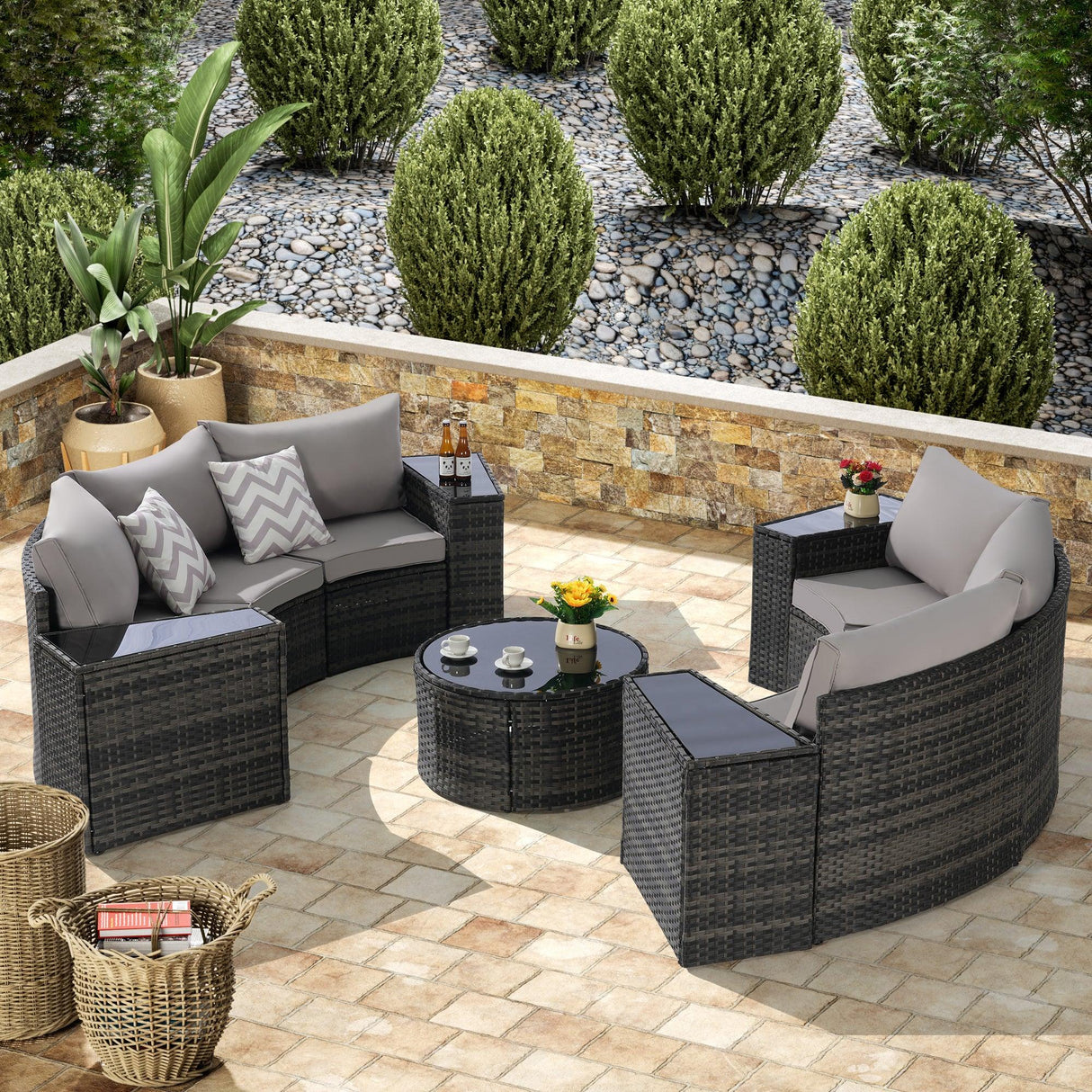 11 Piece Patio Set With Tempered Glass Round Coffee Table - Furniture Home Direct