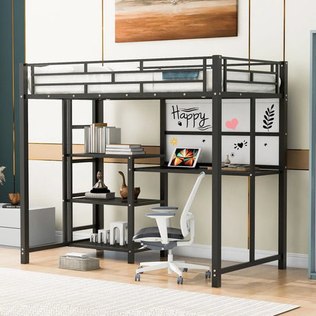 Metal Loft Bed With Desk, 3 Shelves And Ladder - Furniture Home Direct