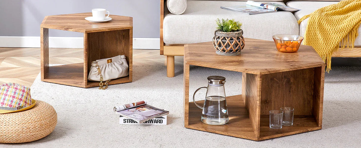 Coffee Table Set Hexagonal Wood Open Shelves Modern Wood - Furniture Home Direct