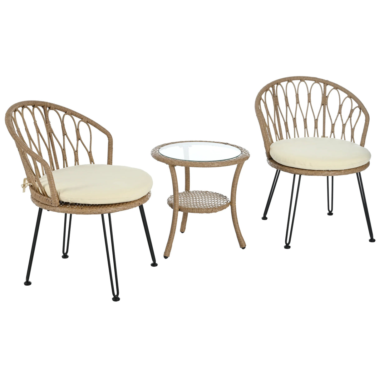 Outdoor Rattan Bistro Set With Glass Top Cushions Beige - Furniture Home Direct