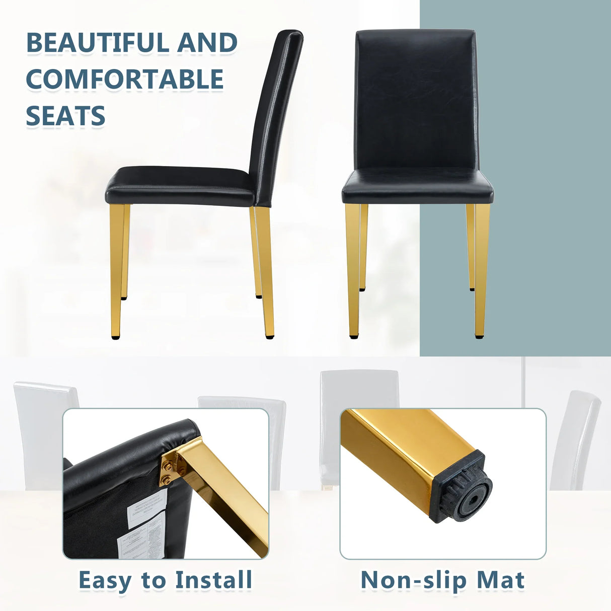 Dining Chairs Four Modern PU Leather Gold Legs Black - Furniture Home Direct