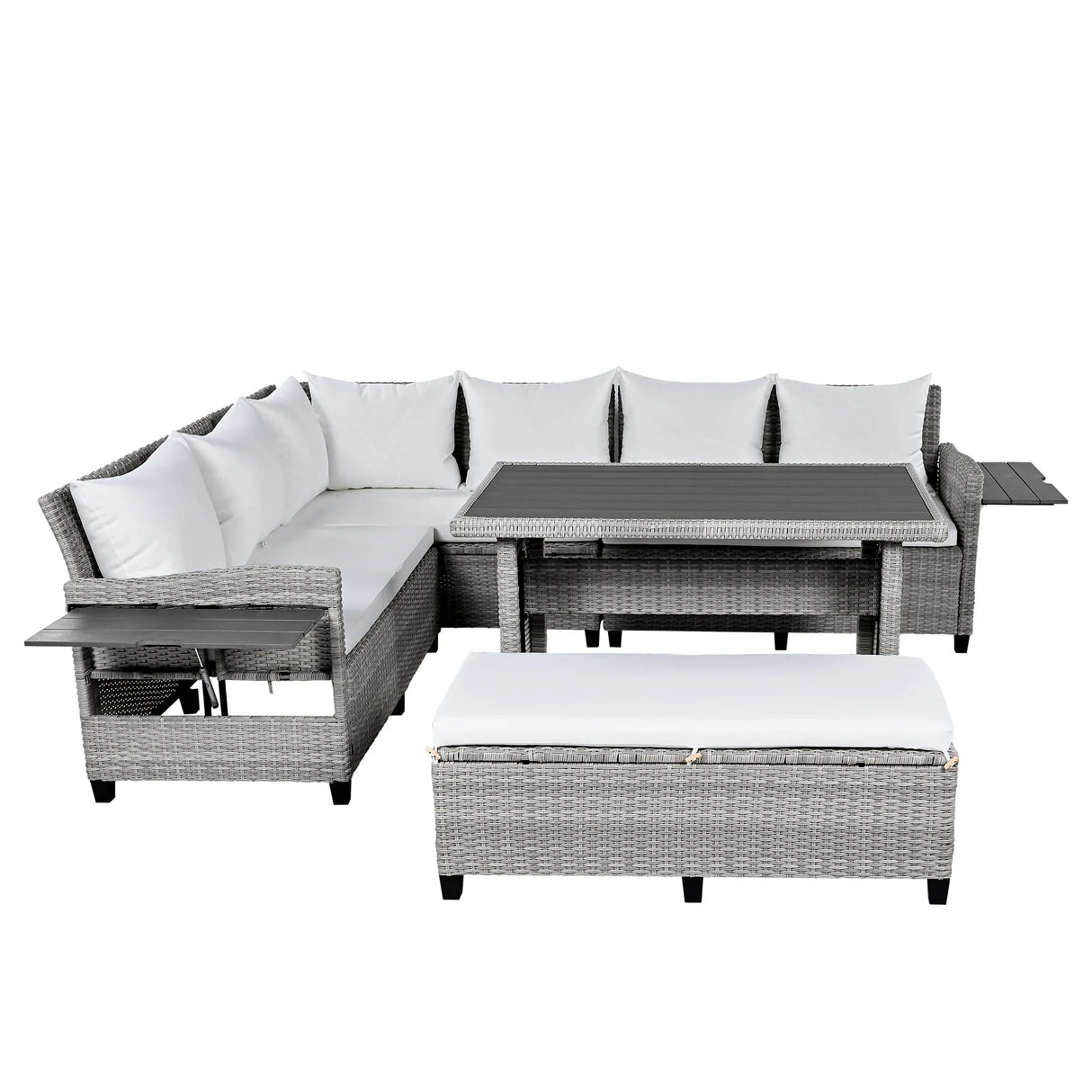 Outdoor Rattan Sectional With 2 Extendable Side Tables and Washable Covers - Furniture Home Direct