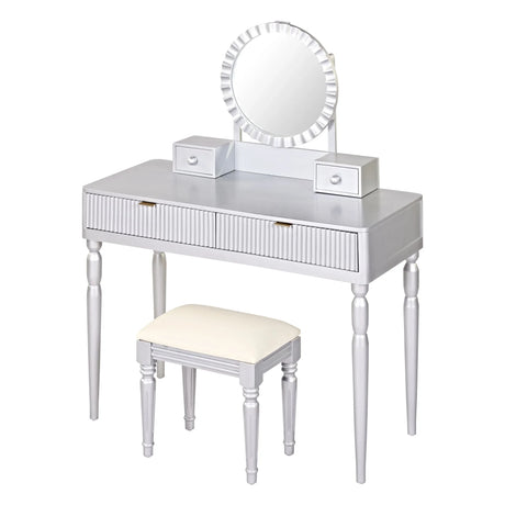 Luxury Vanity Desk With Round Mirror Height Adjustable Dressing Table Set Engineered Wood - Silver - Furniture Home Direct