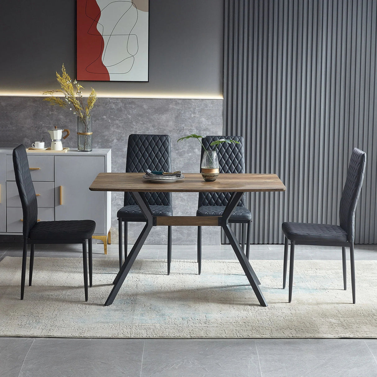 Modern Minimalist Style Dining Table MDF Wooden Top Metal Shelf Metal Heat Transfer Legs Leveling Feet For Dining Room Kitchen Office Table - Walnut / Black - Furniture Home Direct