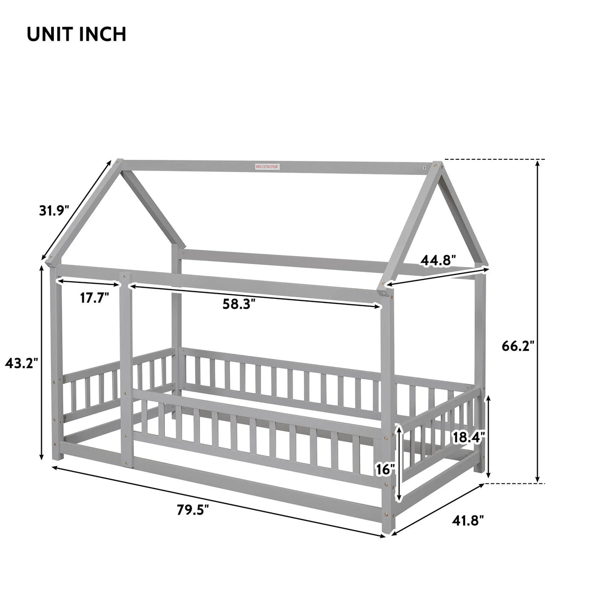 Floor Wooden Bed With House Roof Frame, Fence Guardrails - Furniture Home Direct