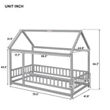 Floor Wooden Bed With House Roof Frame, Fence Guardrails - Furniture Home Direct