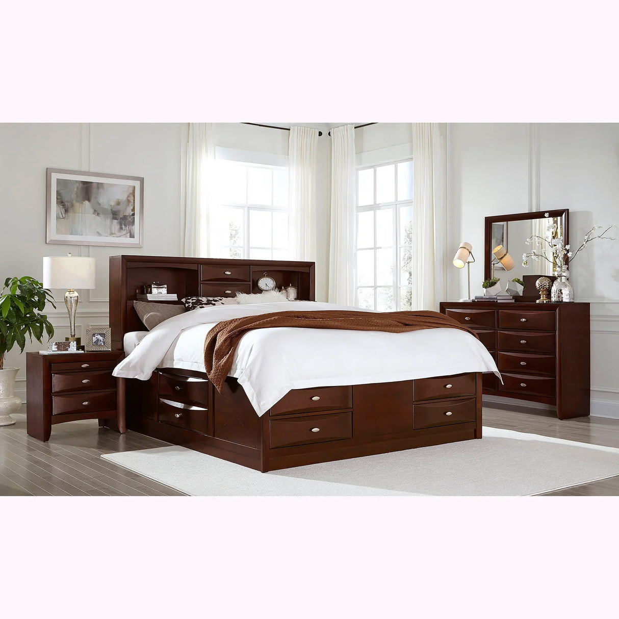 Lucille - 5 Piece Bedroom Set With Storage Drawers And Bookcase Headboard - Furniture Home Direct