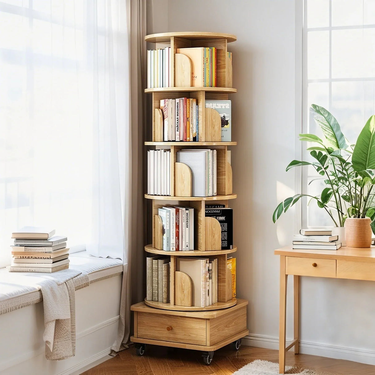 6 Tier Rotating Bookshelf With Wheels And Drawer, 360° Spinning Design, Space Saving Storage, For Home - Wood - Furniture Home Direct