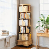 6 Tier Rotating Bookshelf With Wheels And Drawer, 360° Spinning Design, Space Saving Storage, For Home - Wood - Furniture Home Direct