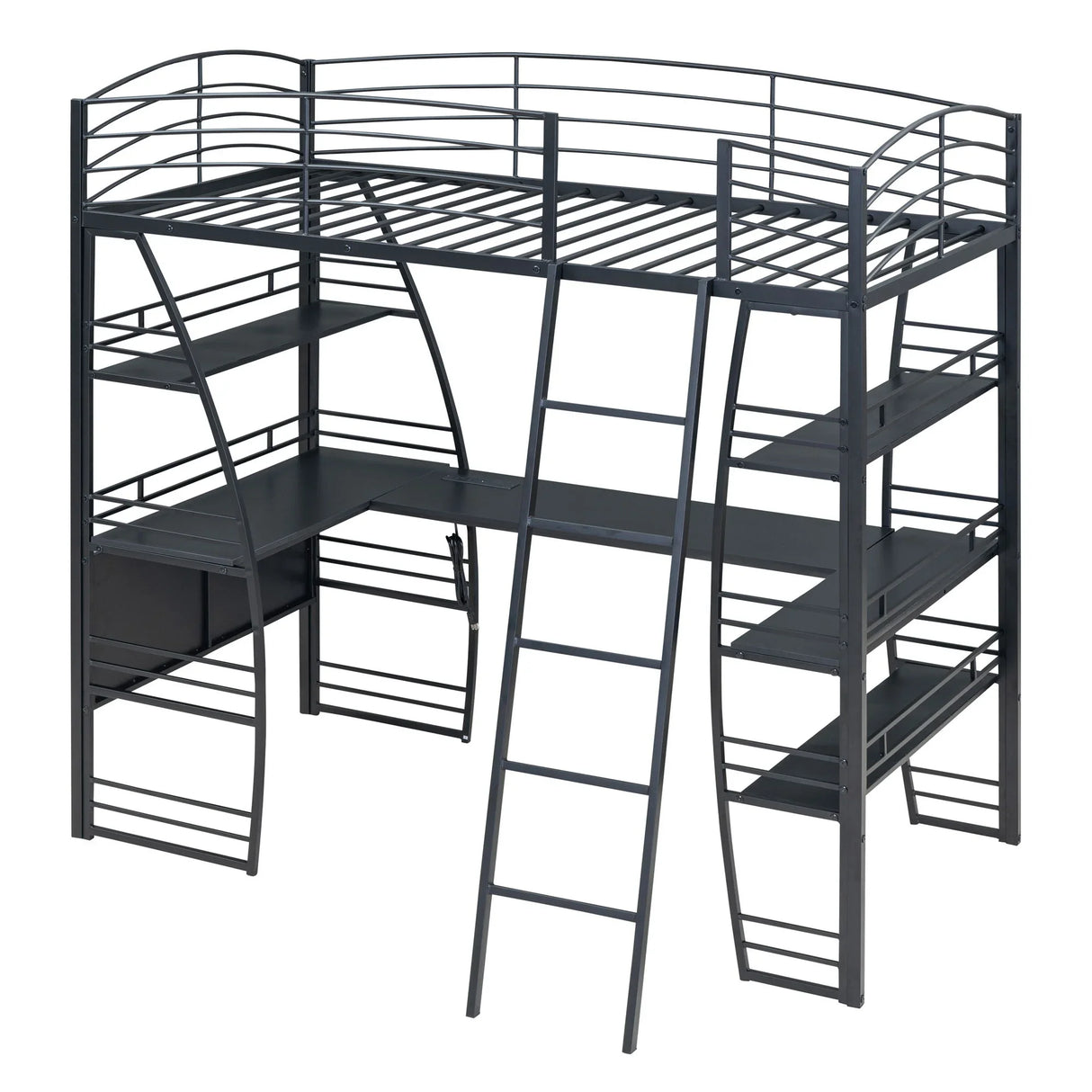 Loft Bed With 4 Layers Of Shelves And L-Shaped Desk, Stylish Metal Frame Bed With A Set Of Sockets, USB Ports And And Wireless Charging - Furniture Home Direct