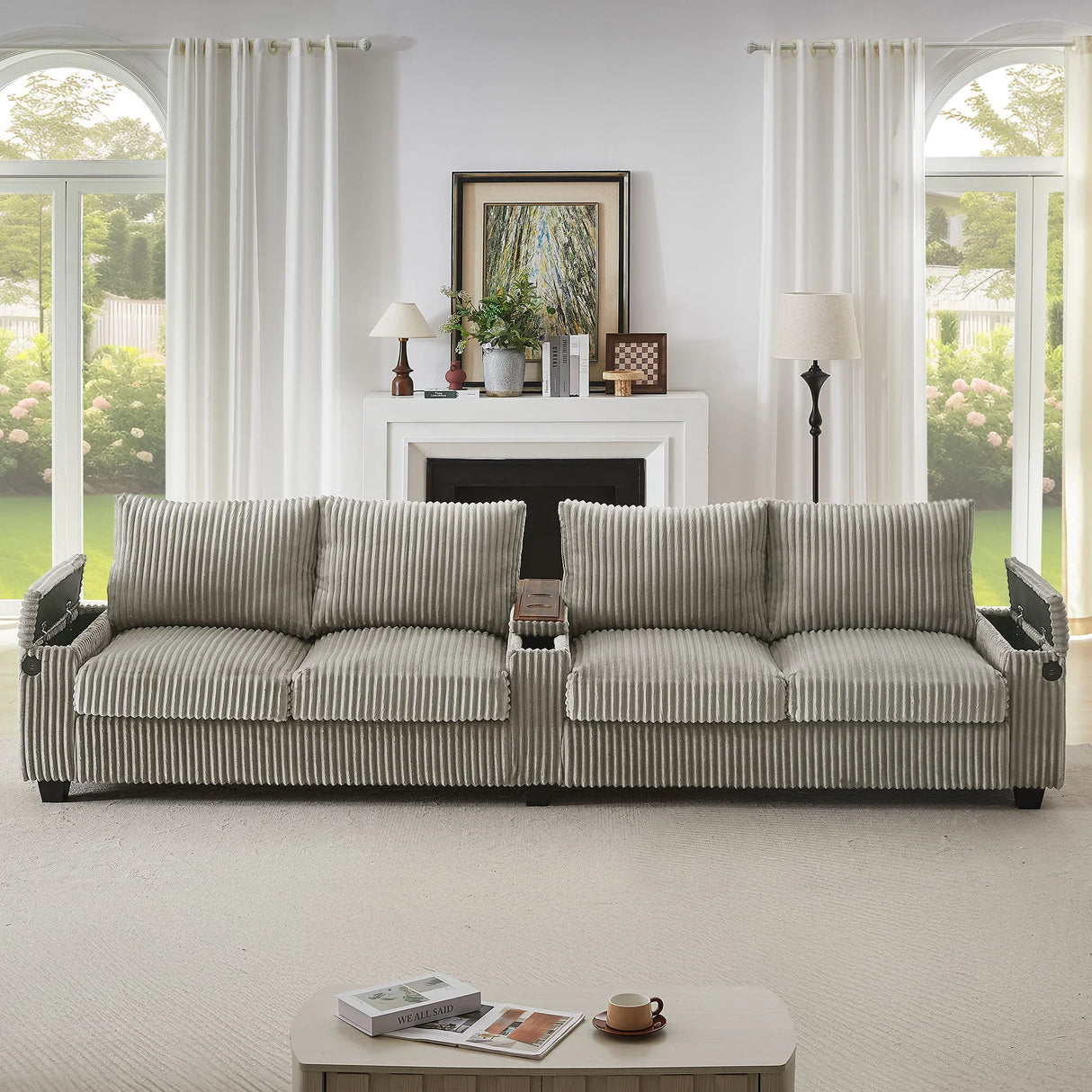 Modern 4 Seater Corduroy Sofa Couch With USB Ports And Hidden Storage - Furniture Home Direct