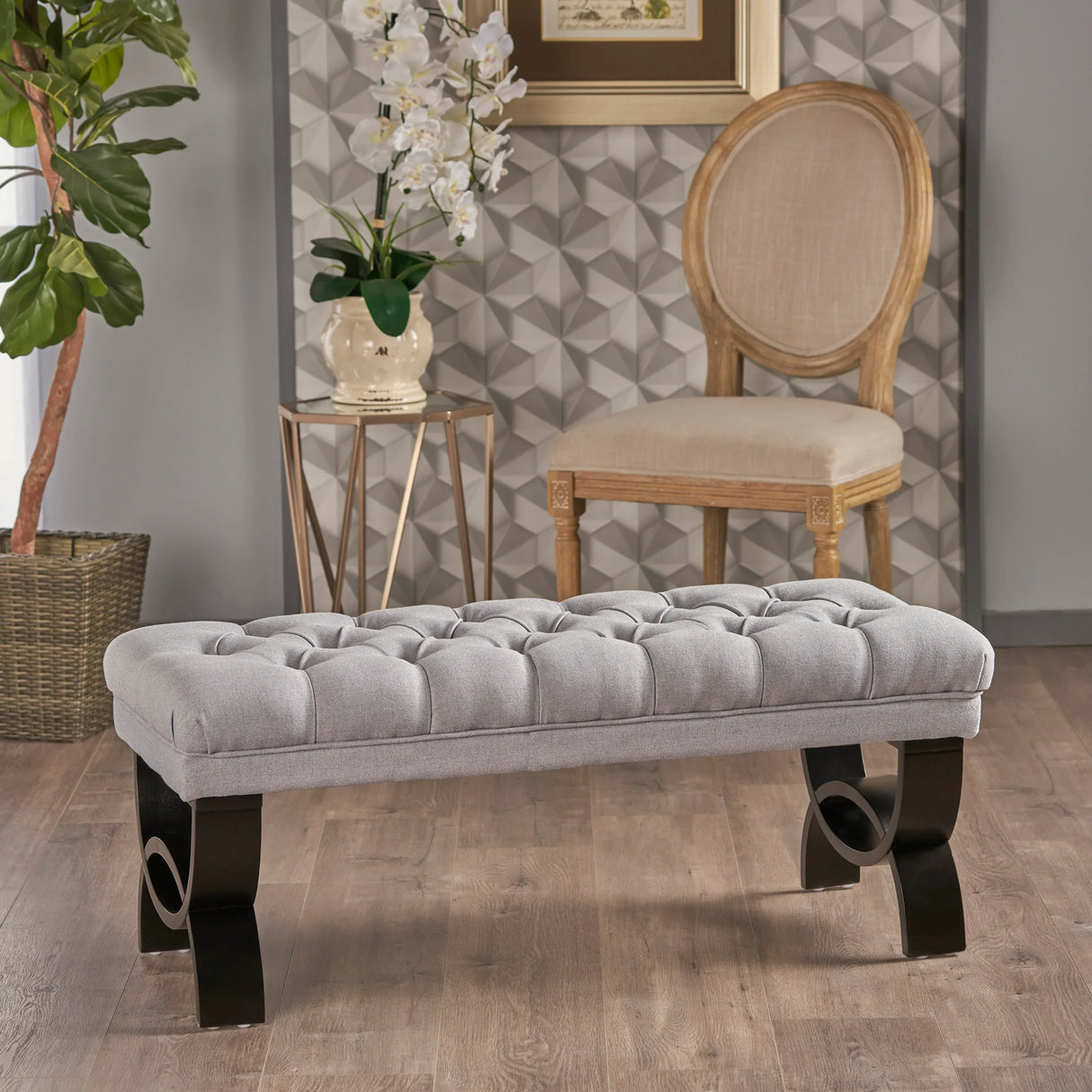 Bench Tufted Cushion with Arched Black Legs Light Grey - Furniture Home Direct