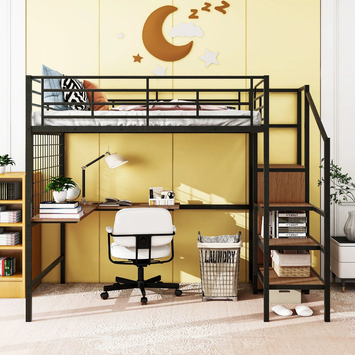 Loft Bed With Desk And Grid, Stylish Frame With Lateral Storage Ladder And Wardrobe - Furniture Home Direct