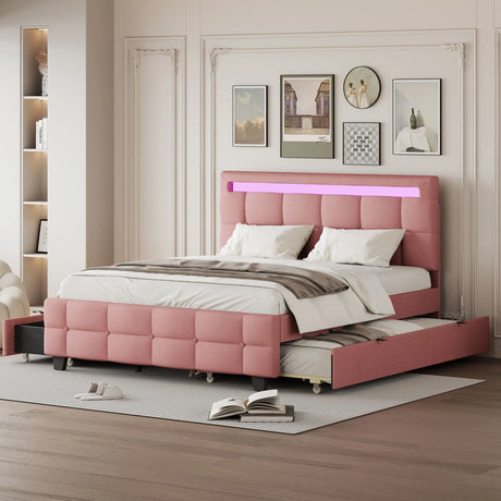Upholstered Platform Bed With LED Frame, With Trundle And 2 Drawers - Furniture Home Direct