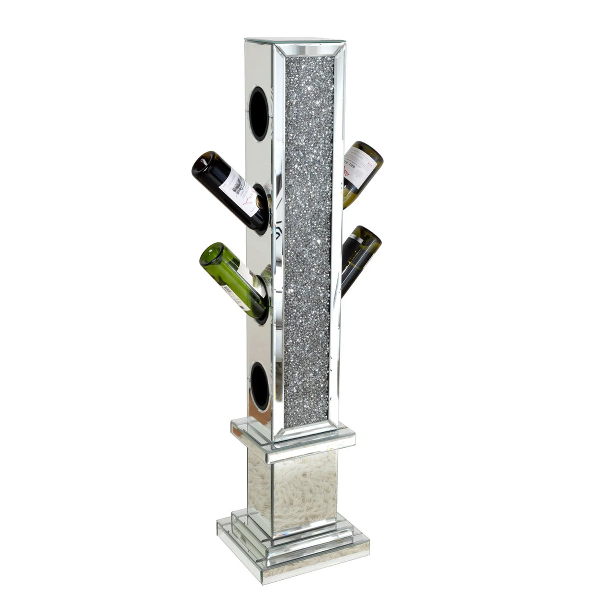 Crushed Diamond Floating Mirrored Wine Bottle Holder - Silver - Furniture Home Direct