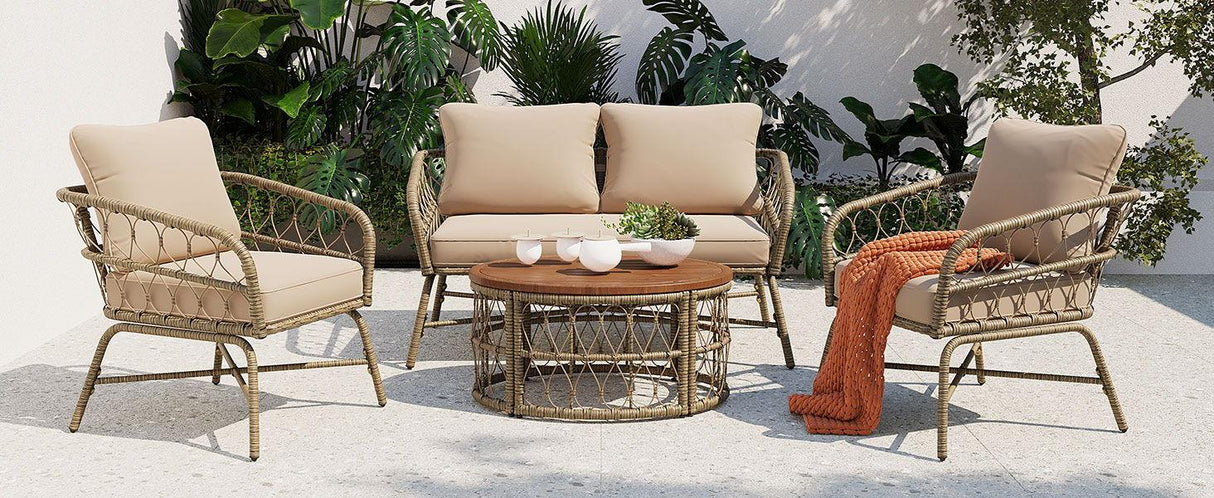 Bohemia-Inspired 4 Person Outdoor Seating Group With Removable Cushions, Conversation Patio Set With Wood Tabletop - Beige - Furniture Home Direct