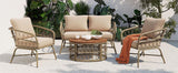 Bohemia-Inspired 4 Person Outdoor Seating Group With Removable Cushions, Conversation Patio Set With Wood Tabletop - Beige - Furniture Home Direct