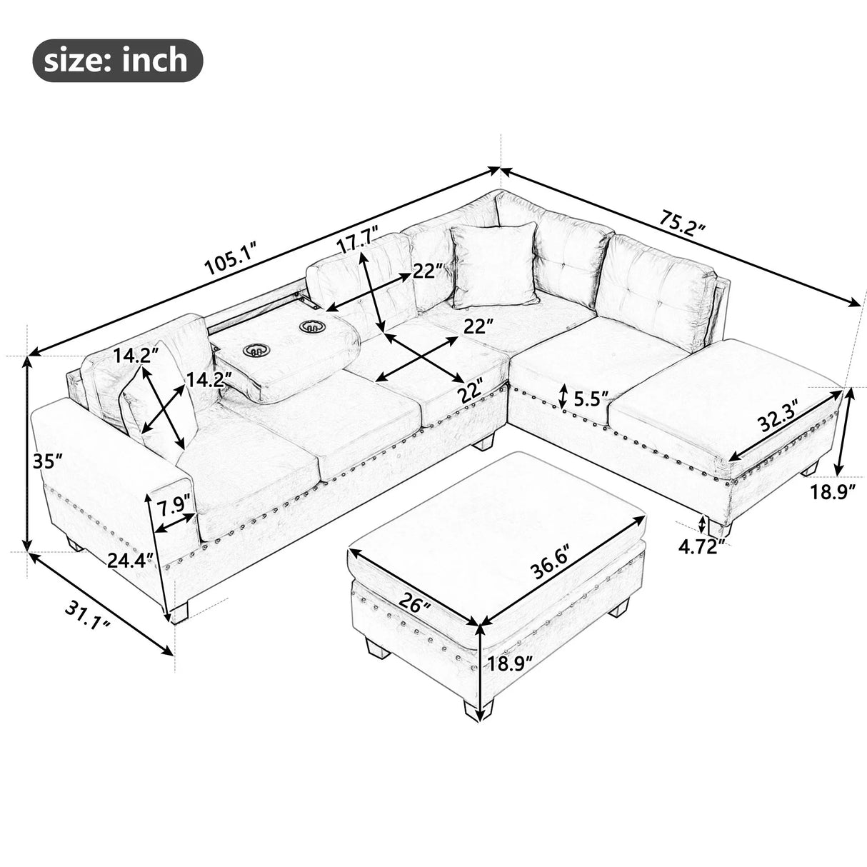 Modern Sectional Sofa With Storage Ottoman, L - Shape Couch With 2 Pillows And Cup Holders - Furniture Home Direct
