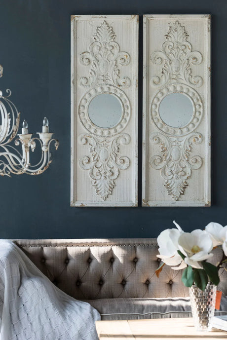Large Wooden Wall Art Panels With Distressed Round Mirror Accents (Set of 2) - White - Furniture Home Direct
