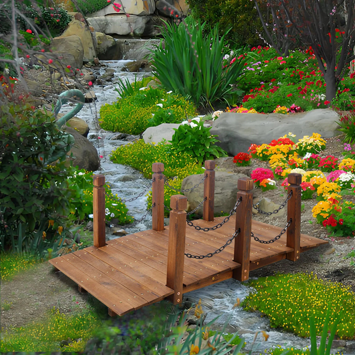 Wooden Arc Footbridge With Chain Railings For Backyard Creek Stained 5 Ft - Brown - Furniture Home Direct
