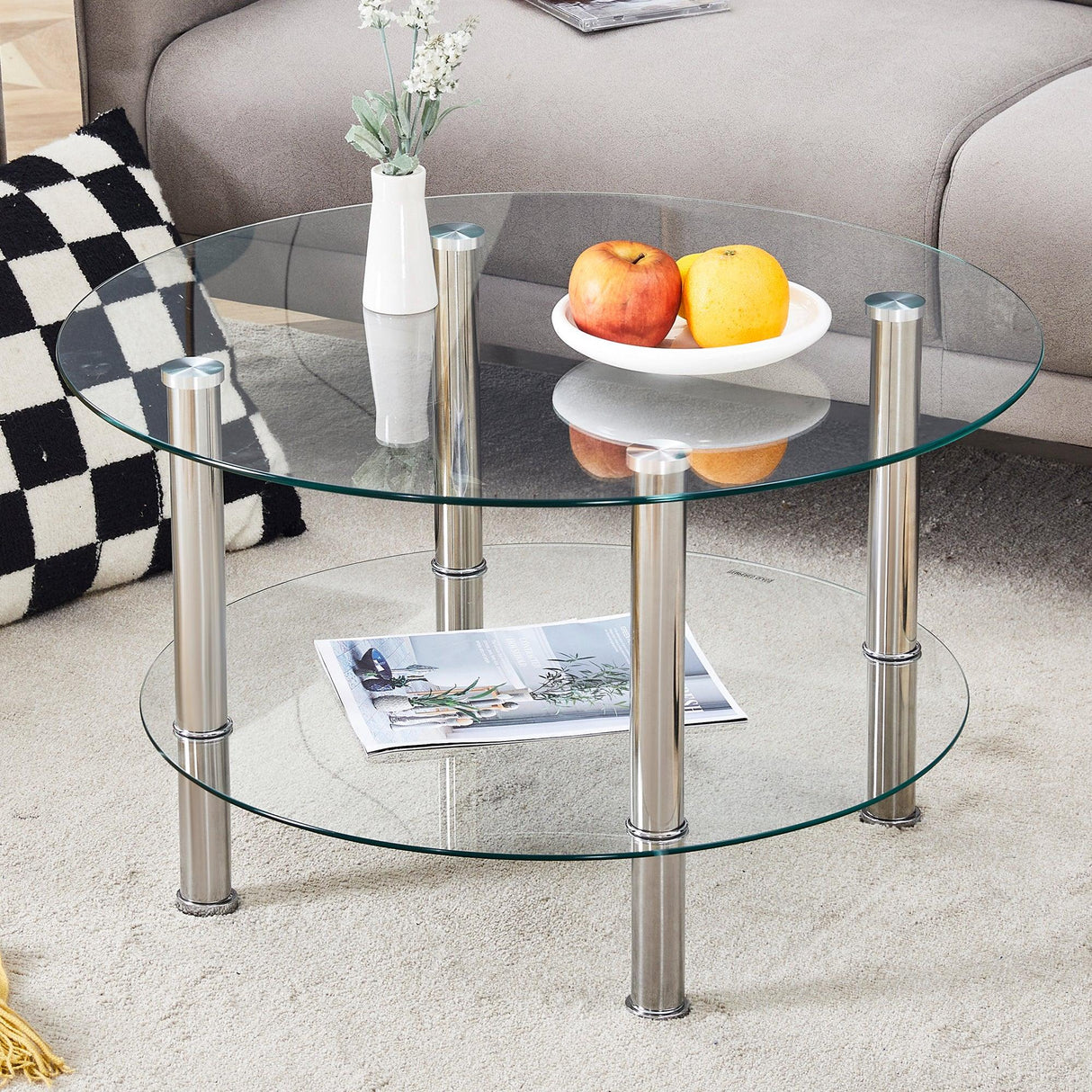 Coffee Table Two Tier Glass Top Polished Metal Legs Silver - Furniture Home Direct