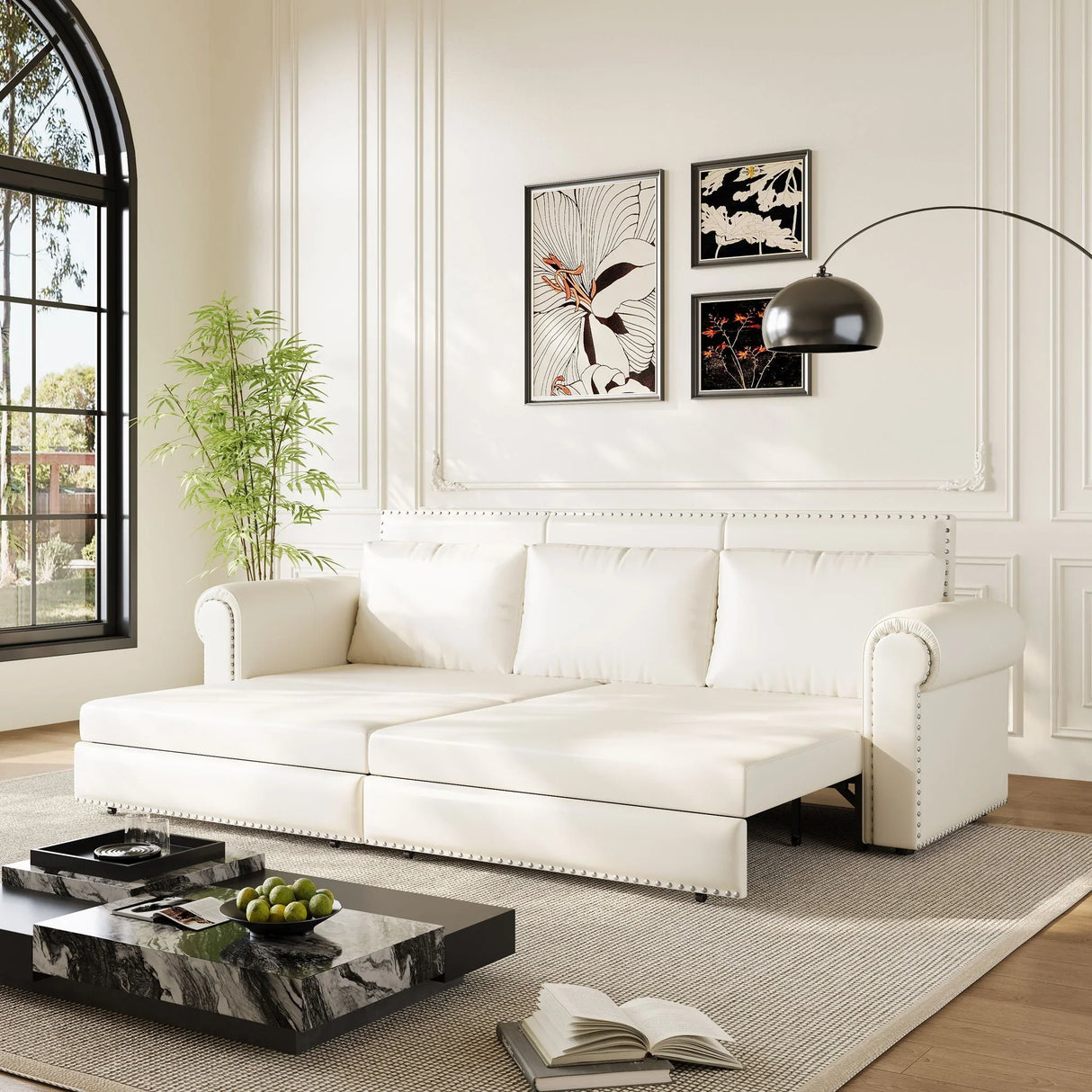 3 In 1 Convertible Sleeper Sofa With Nailhead Trim & Rolled Arm - Furniture Home Direct