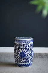 Ceramic Garden Stool, Small Side Tabel - White / Blue - Furniture Home Direct
