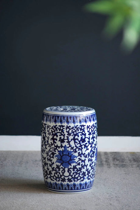 Ceramic Garden Stool, Small Side Tabel - White / Blue - Furniture Home Direct
