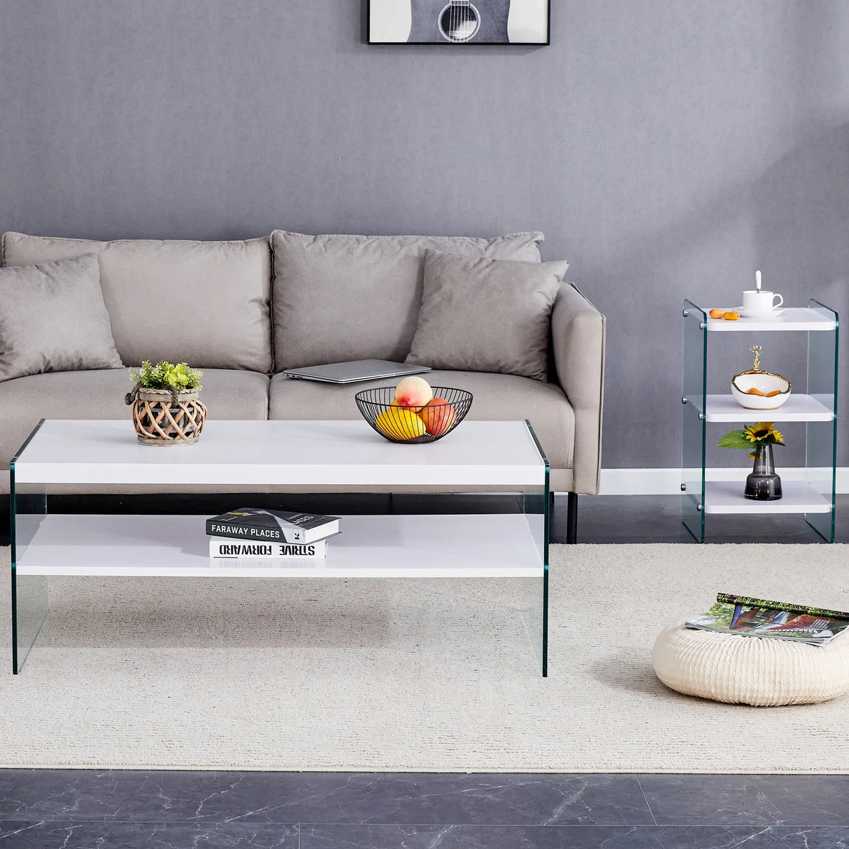Coffee Table Three Tier MDF Glass Sides Shelves Modern White - Furniture Home Direct