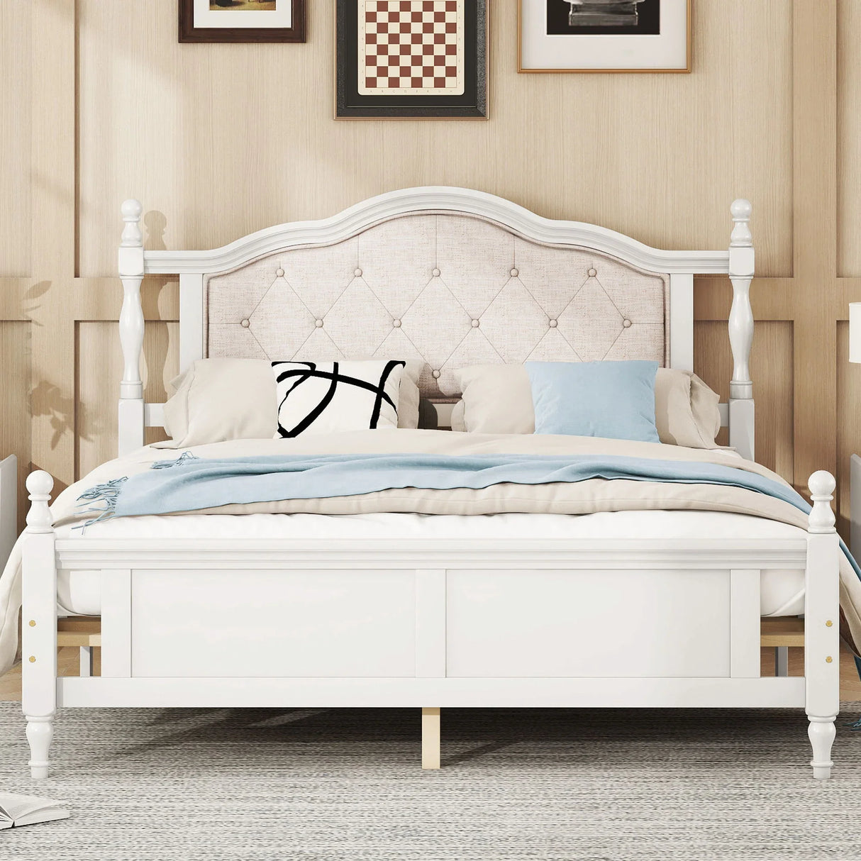Pine Wooden Bed With Upholstered Headboard And Panel Footboard, With Two Bed Rail Support Feet And Central Platform Support Feet - Furniture Home Direct