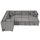 U-Shaped Sectional Sofa Pull Out Sofa Bed With Two USB Ports, Two Power Sockets, Three Back Pillows And A Storage Chaise For Living Room - Furniture Home Direct