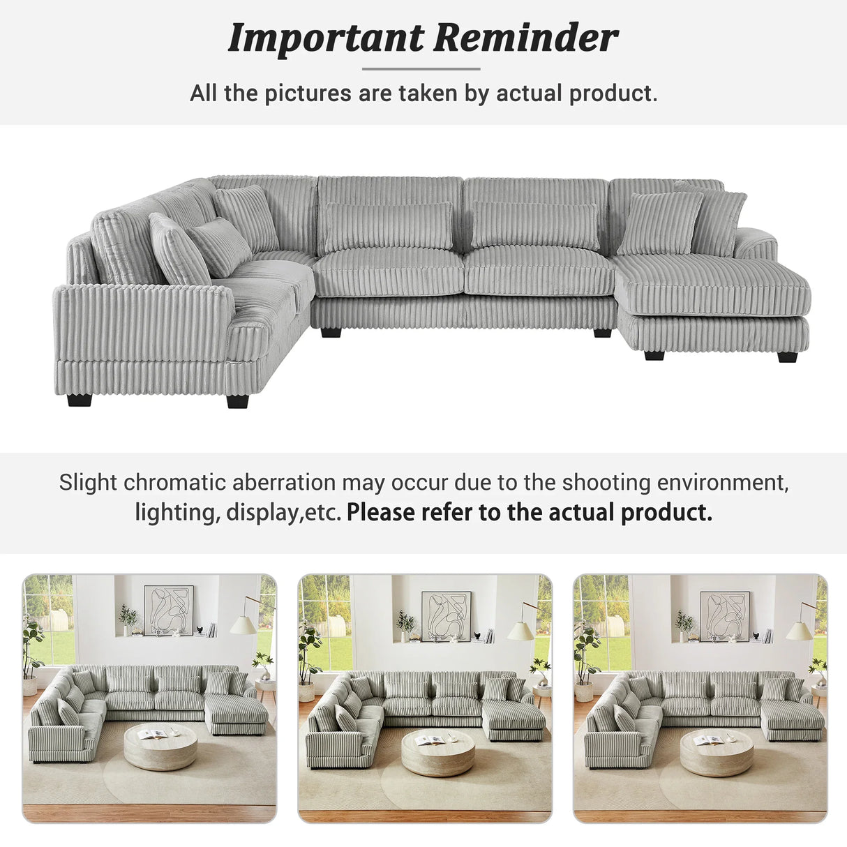 Sectional Sofa Oversized U Shaped Corduroy Fabric Gray - Furniture Home Direct