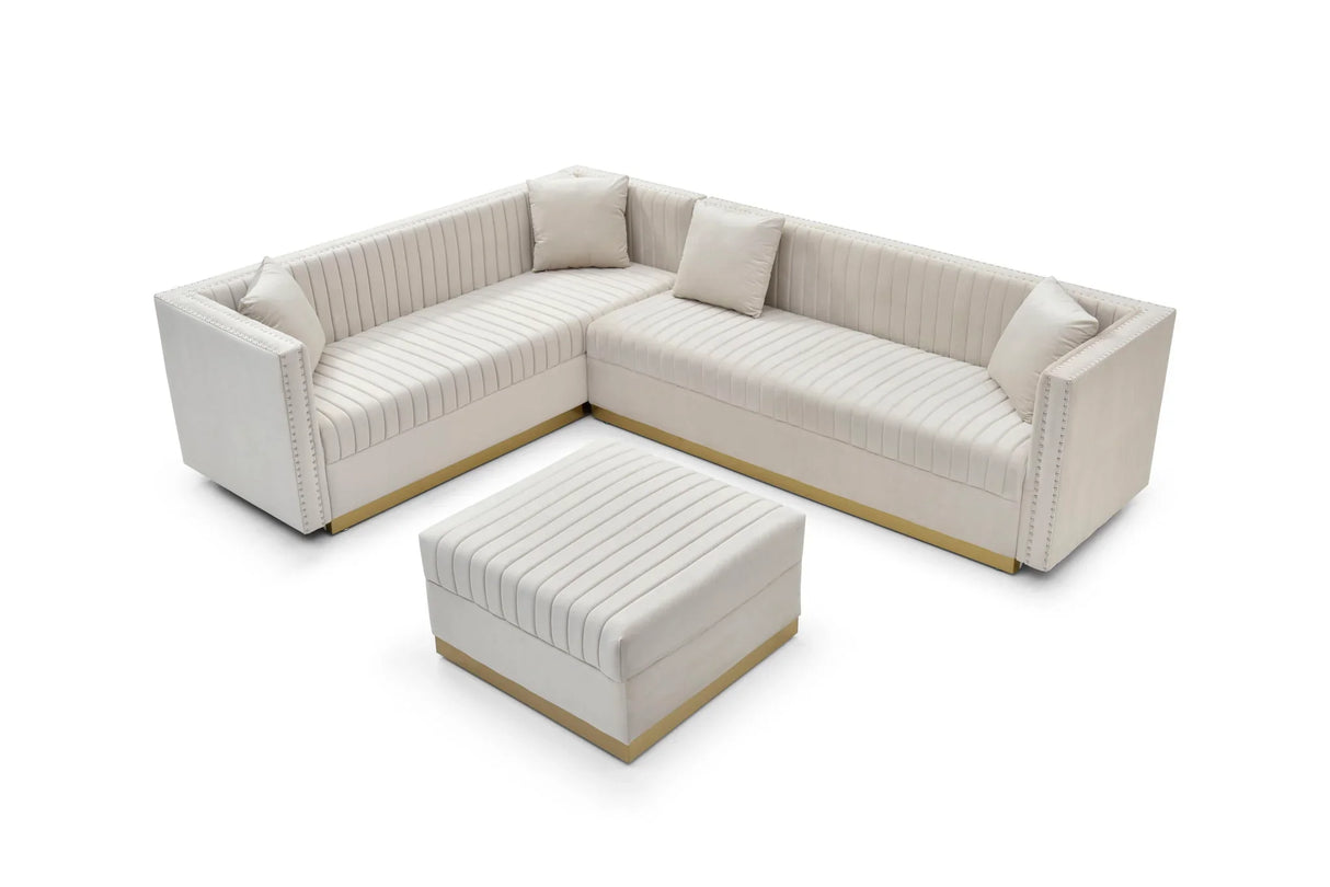 Contemporary Vertical Channel Tufted Velvet Sectional Sofa For Living Room Apartment With Ottoman And 4 Pillows - Furniture Home Direct