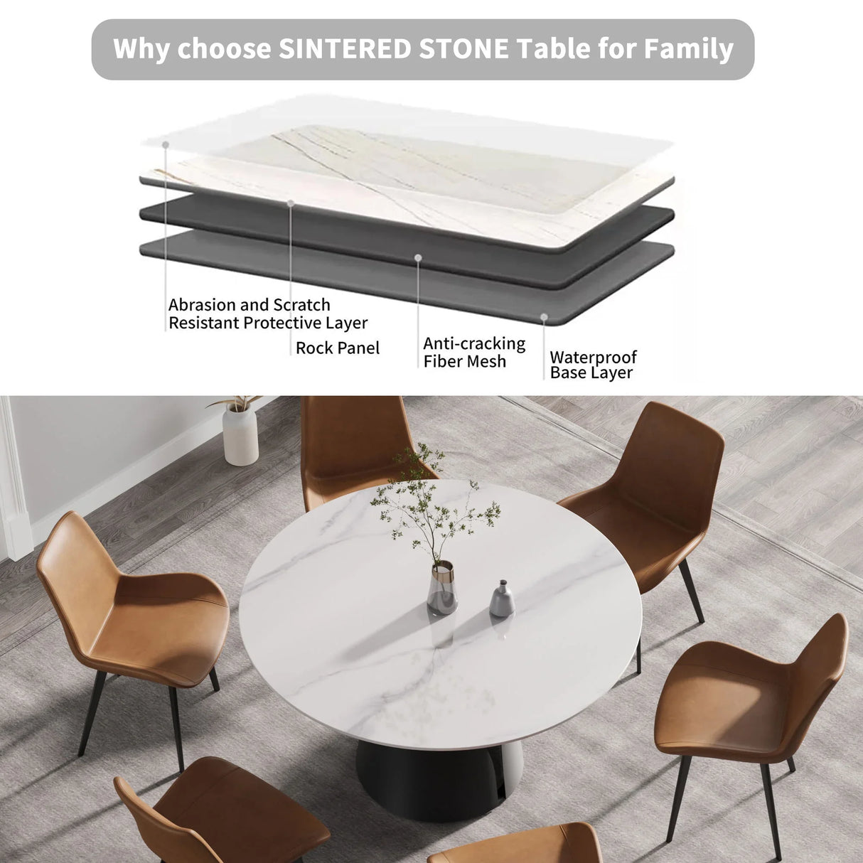 53.15" Modern Artificial Stone Round Carbon Steel Base Dining Table, Can Accommodate 6 People - White / Black - Furniture Home Direct