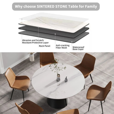 53.15" Modern Artificial Stone Round Carbon Steel Base Dining Table, Can Accommodate 6 People - White / Black - Furniture Home Direct