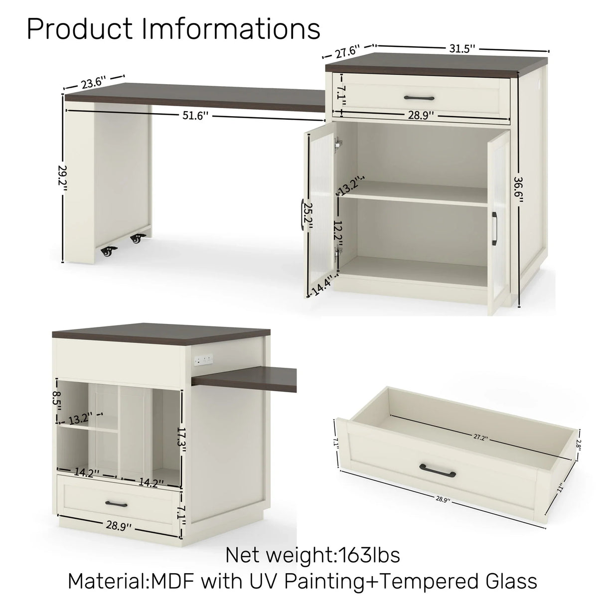 Extendable Kitchen Island With Slide Out Table And Storage Racks For 2 - 6 Person, Power Outlet, Bar, Prep Station - Creamy White / Walnut - Furniture Home Direct