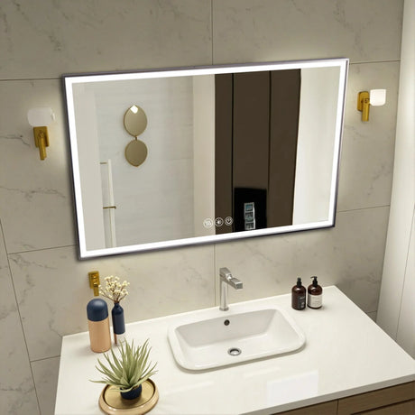 Modern LED Bathroom Vanity Mirror With Aluminum Frame, 45° Beveled Lights, Anti Fog - Silver - Furniture Home Direct