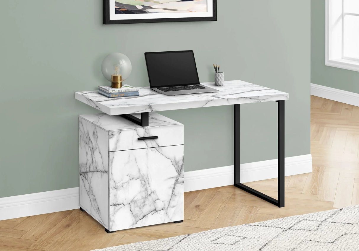 Computer Desk, Home Office, Laptop, Left, Right Set-Up, Storage Drawers, Work, Marble Look Laminate, Contemporary, Modern - White - Furniture Home Direct