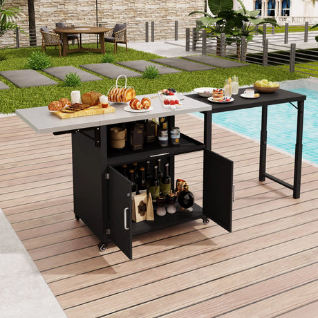 Versatile Outdoor Cabinet With Folding & Expandable Work Surfaces, Ample Storage Space, And Lockable Wheels - Matte Black - Furniture Home Direct