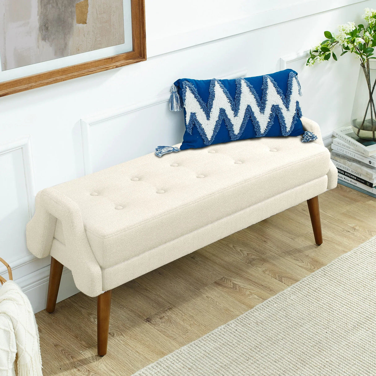 Modern Living Room Bench With Looped Yarn Fabric And Rubber Wooden Legs - Furniture Home Direct