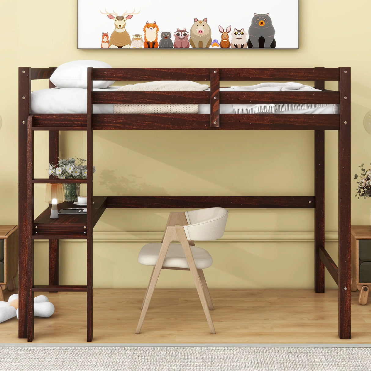 Loft Pine Wood Bed With Built-In Desk, Safety Guardrails, Ladder - Furniture Home Direct