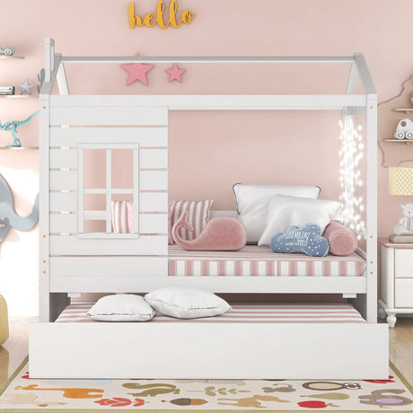 Twin Size Classic House Bed With Twin Size Trundle - White - Furniture Home Direct