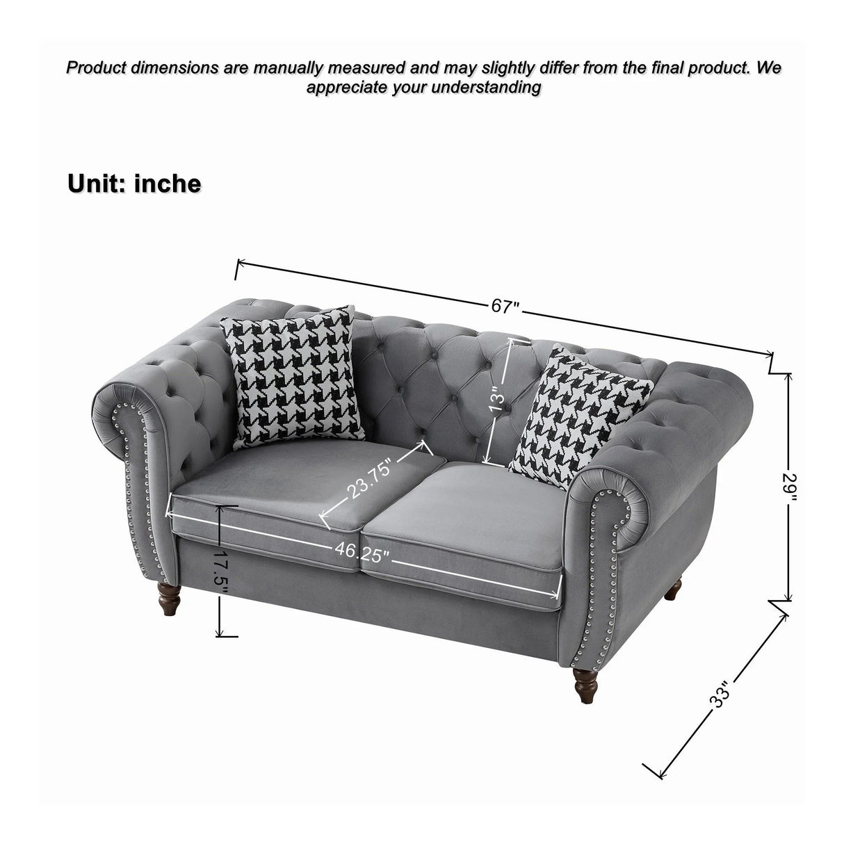 Chesterfield 3 And 2 Seater Velvet Upholstery Sofa With Roll Armrest & Nailhead Fabric Couch - Furniture Home Direct